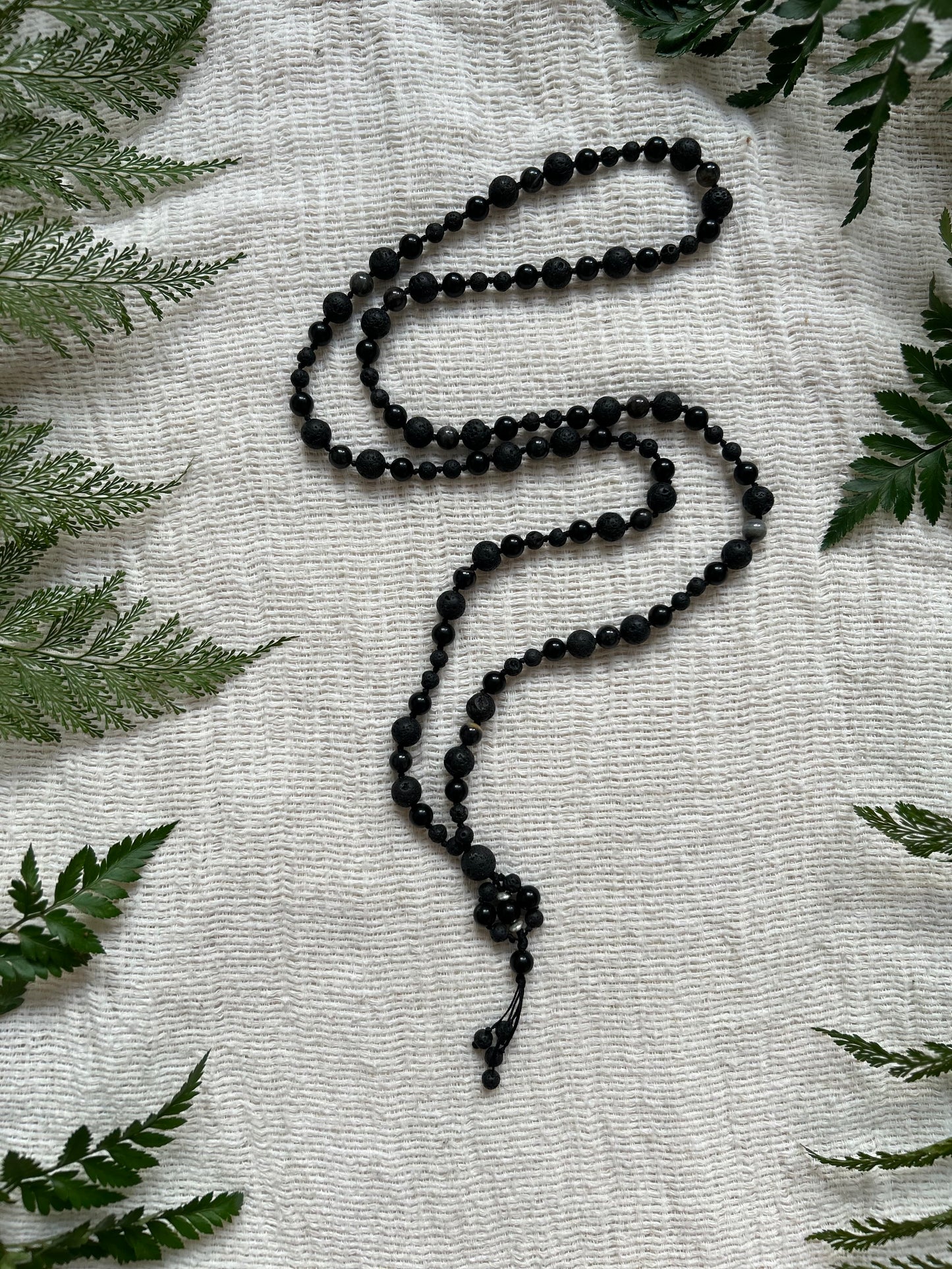 Mala Inspired Obsidian and Lavastone Necklace