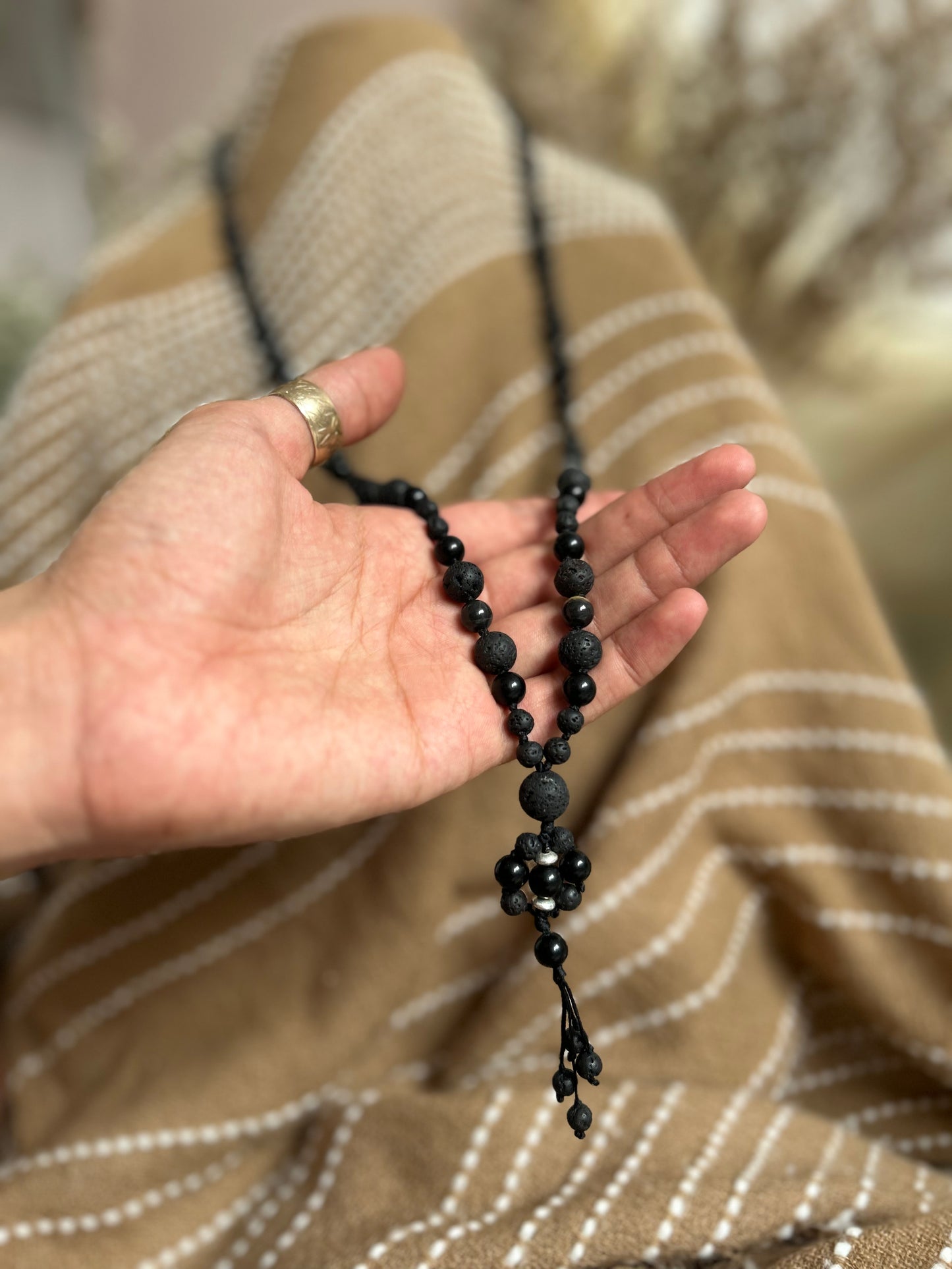 Mala Inspired Obsidian and Lavastone Necklace